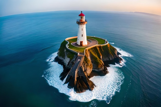 Um farol fica em um penhasco com vista para o oceano.