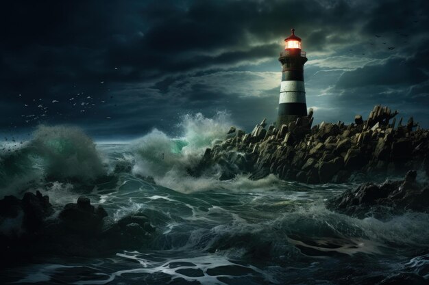 Um farol majestoso no meio de mares tempestuosos