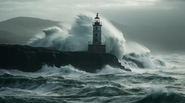 Um farol na tempestade com uma grande onda batendo nele.