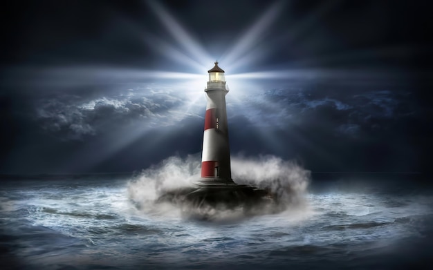 Foto um farol que transmite luz através de mares tempestuosos.
