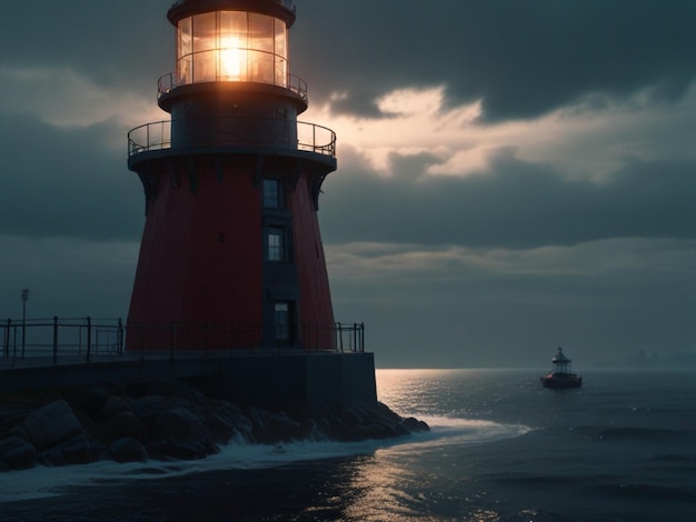 Foto um farol vermelho é iluminado à noite com um barco na água
