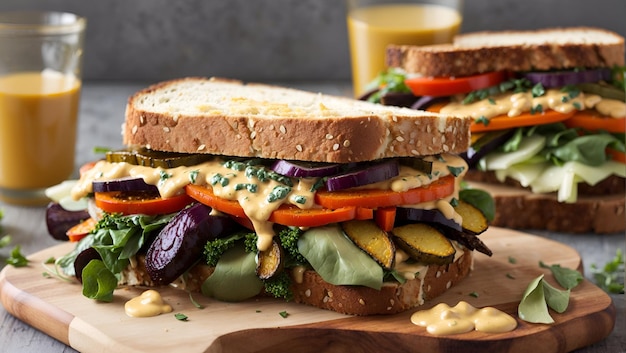 Um farto sanduíche vegetariano com legumes assados, queijo derretido e molho picante de mostarda