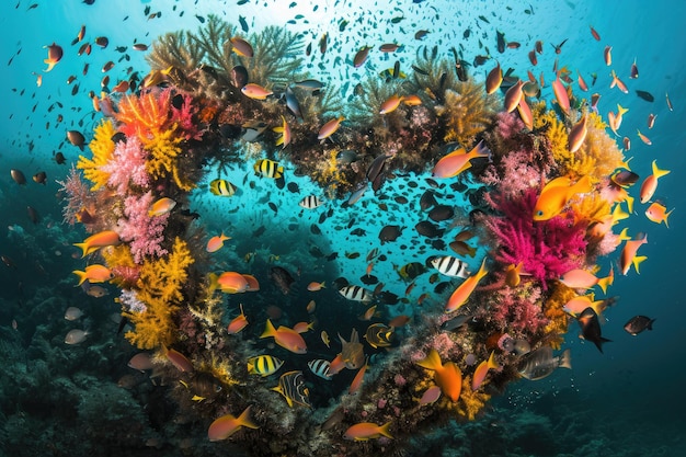 Um fascinante recife de coral em forma de coração repleto de peixes vibrantes nadando nas águas cristalinas Um recife em forma de coração repleto de vida subaquática colorida Gerado por IA