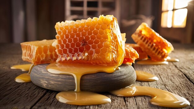Um favo de mel doce numa mesa de madeira