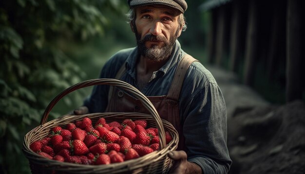 Um fazendeiro barbudo na floresta segurando uma cesta de frutas frescas geradas por inteligência artificial