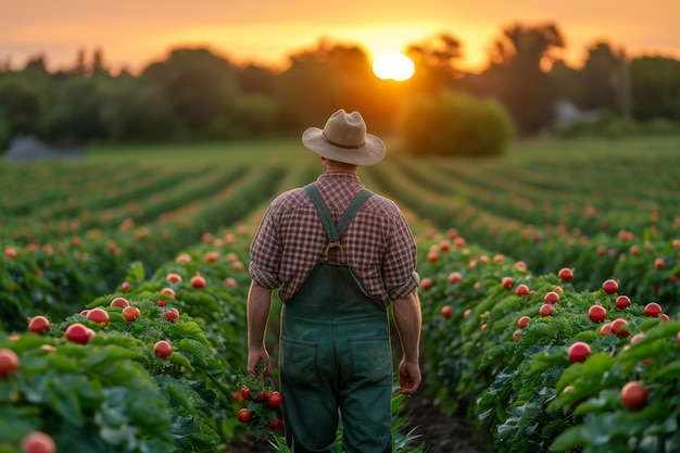 Um fazendeiro caminhando em seu campo verde ao pôr do sol