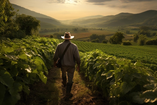 um fazendeiro caminhando em um campo de soja ao pôr do sol