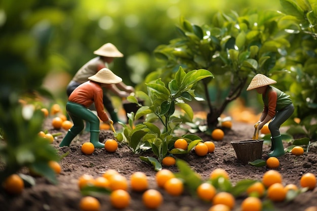 Um fazendeiro colhe laranjas em uma fazenda com uma mulher trabalhando em segundo plano.