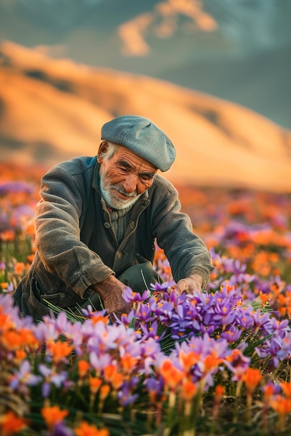 Um fazendeiro colhendo flores de açafrão em um campo pitoresco