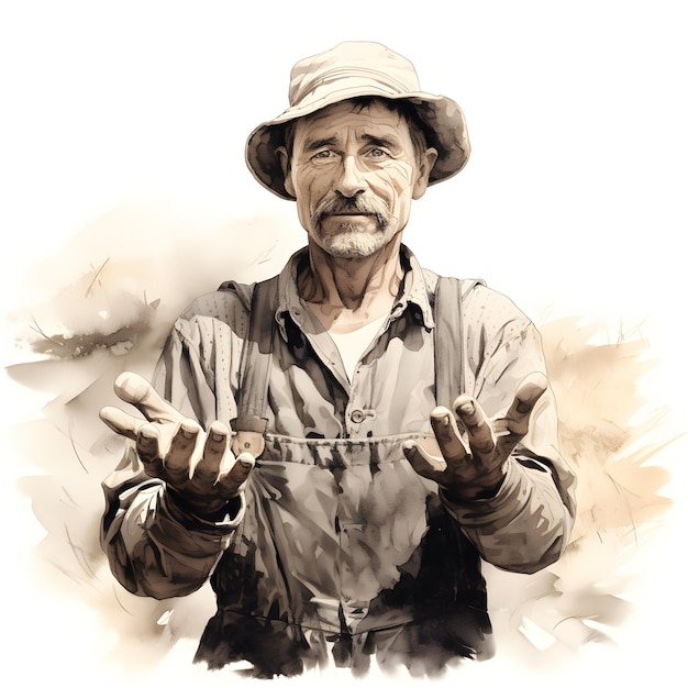 Um fazendeiro com mãos calejadas ilustração de tinta