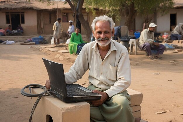 Foto um fazendeiro com tractos e laptop