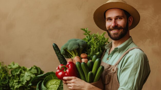 Um fazendeiro com um chapéu orgulhosamente exibindo legumes frescos