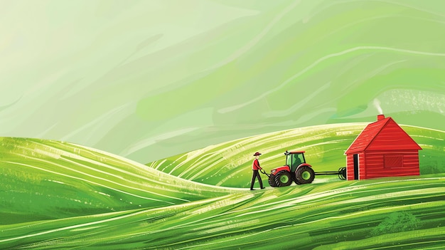 Um fazendeiro conduz seu trator através de um campo verde exuberante na distância um celeiro vermelho está sentado em uma colina o fazendeiro está vestindo um chapéu e macacão