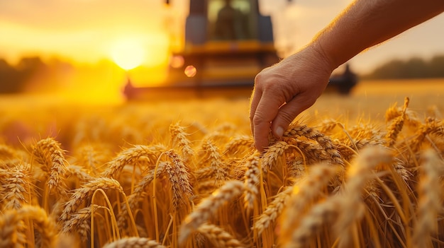 Um fazendeiro criando orelhas douradas de trigo ao amanhecer com equipamentos agrícolas no espaço de configuração AI gerativa