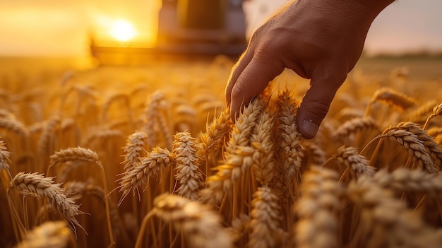 Um fazendeiro criando orelhas douradas de trigo ao amanhecer com equipamentos agrícolas no espaço de configuração AI gerativa