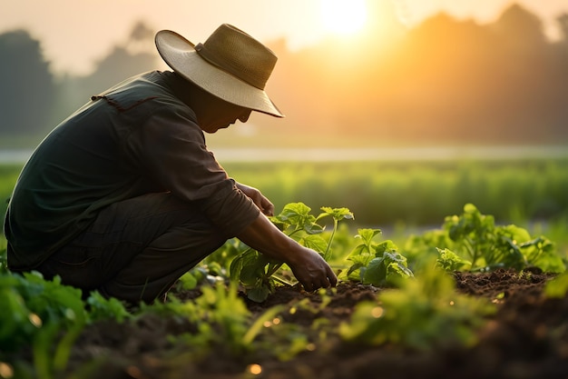 Um fazendeiro cuidando de colheitas em um campo que incorpora o trabalho árduo e a dedicação dos trabalhadores agrícolas