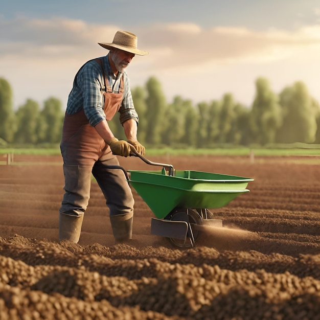 Um fazendeiro cultivando o solo semeando sementes para uma colheita abundante