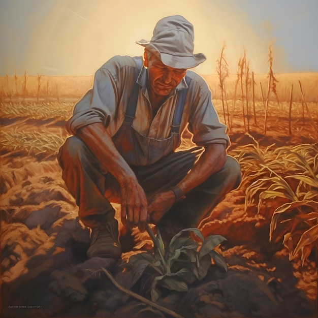 Um fazendeiro desgastado cuidando de sua pintura a óleo em um campo iluminado pelo sol