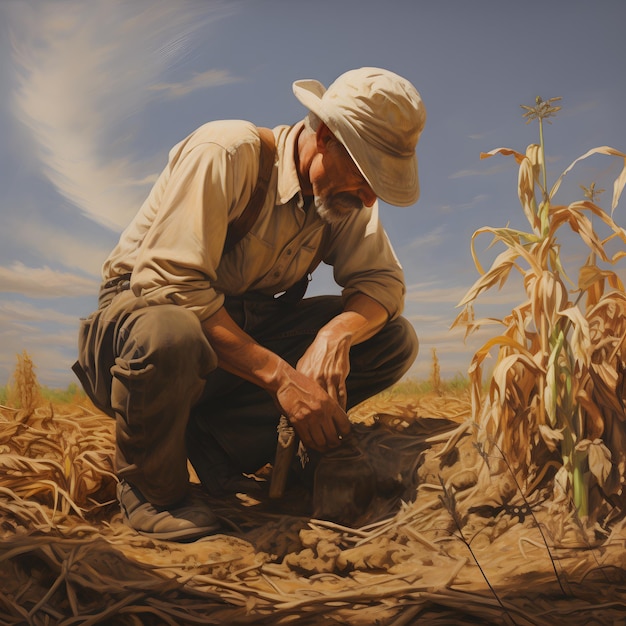 Um fazendeiro desgastado cuidando de sua pintura a óleo em um campo iluminado pelo sol