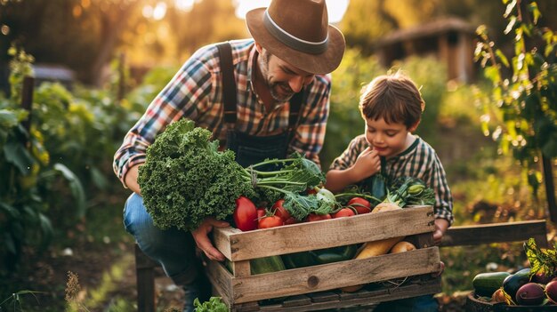 Foto um fazendeiro e seu filho seguram uma caixa com legumes recém-colhidos