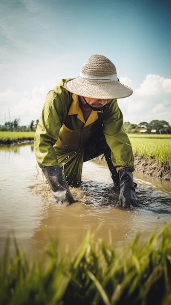 Um fazendeiro em um campo de arroz