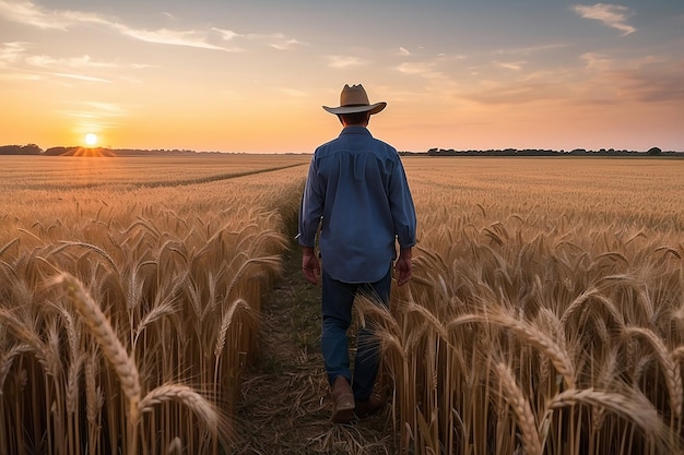 Um fazendeiro em um campo de trigo ao pôr-do-sol