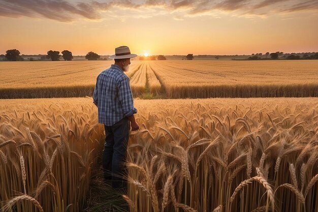 Um fazendeiro em um campo de trigo ao pôr-do-sol