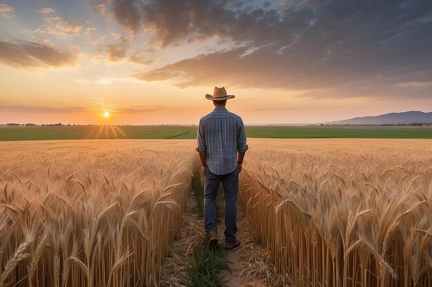 Um fazendeiro em um campo de trigo ao pôr-do-sol