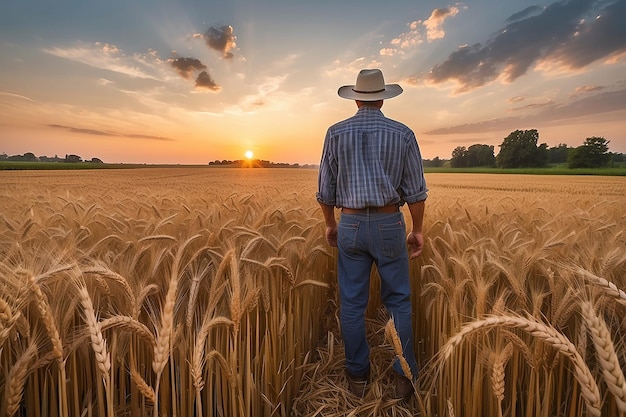 Um fazendeiro em um campo de trigo ao pôr-do-sol