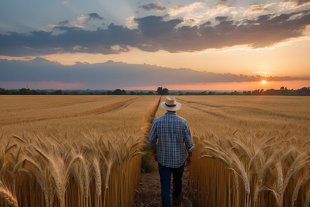 Um fazendeiro em um campo de trigo ao pôr-do-sol