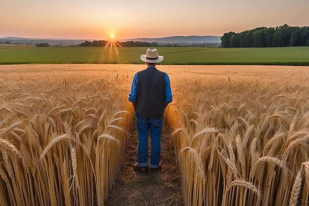 Um fazendeiro em um campo de trigo ao pôr-do-sol