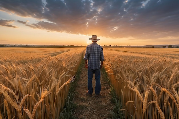 Um fazendeiro em um campo de trigo ao pôr-do-sol