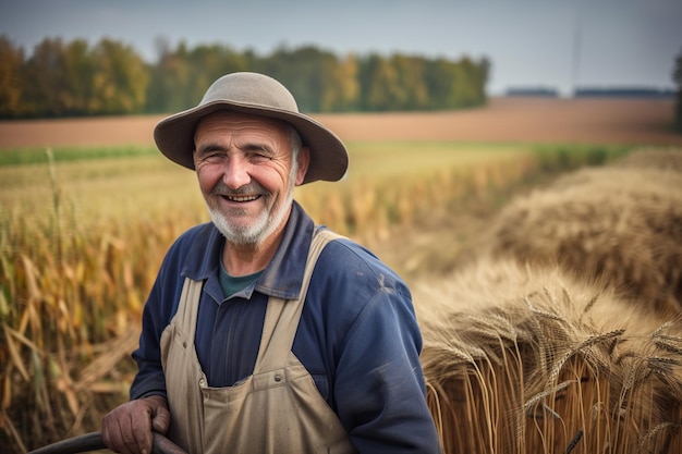 Um fazendeiro em um campo sorrindo enquanto faz a colheita e cuida de sua terra de trigo