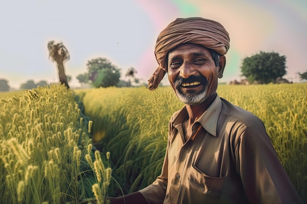 Um fazendeiro em um campo sorrindo enquanto faz a colheita e cuida de sua terra verde