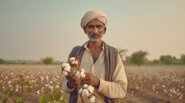 Um fazendeiro está em um campo de algodão.