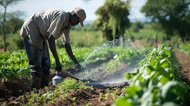 Um fazendeiro está pulverizando pesticidas em suas colheitas. Ele está usando um chapéu e botas para se proteger dos produtos químicos.