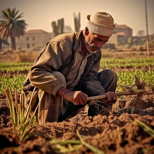 um fazendeiro está trabalhando em um campo com as mãos na terra