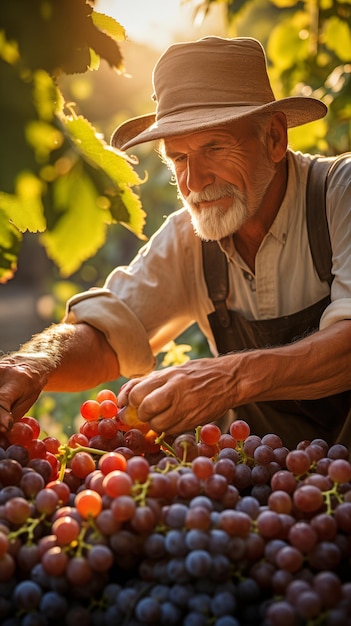 Um fazendeiro examina uvas maduras em uma vinha xA