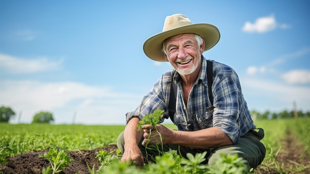 Um fazendeiro idoso sorridente usando um chapéu de palha ajoelhado em um campo