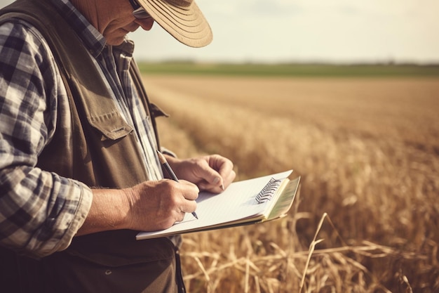 Um fazendeiro irreconhecível trabalhando no campo Ele está analisando sua terra