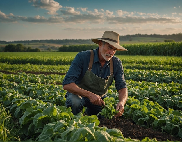 um fazendeiro num campo de alface