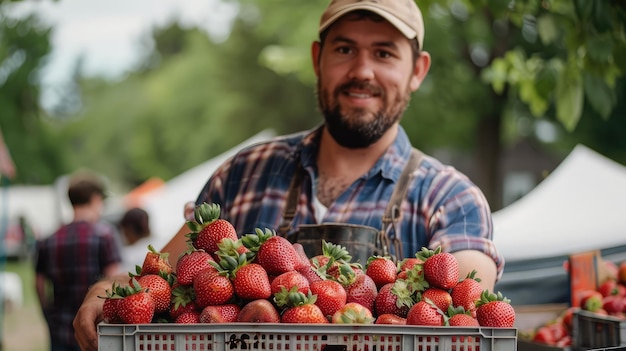Foto um fazendeiro orgulhosamente exibindo uma caixa de morangos recém-colhidos em um mercado de fazendeiros 39 mostrando a recompensa da temporada 39