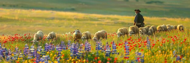 Um fazendeiro pastoreando ovelhas em um campo de flores silvestres coloridas