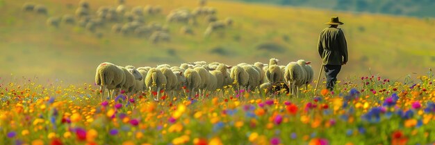 Um fazendeiro pastoreando ovelhas em um campo de flores silvestres coloridas