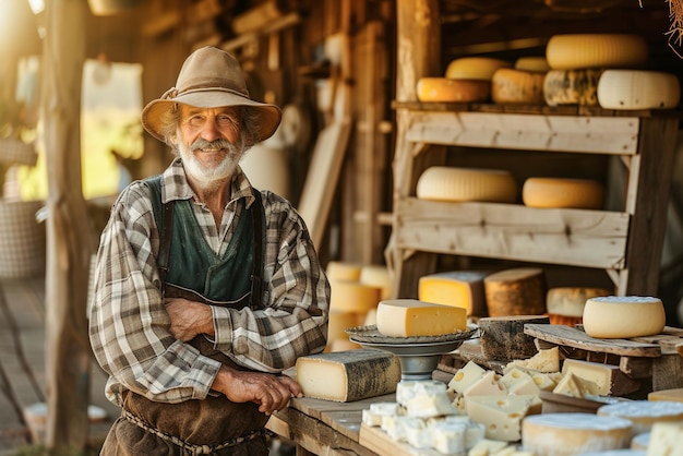 Um fazendeiro rústico está orgulhosamente ao lado de uma exposição de queijo fresco da fazenda exibindo seus produtos lácteos caseiros