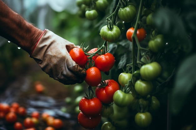 Um fazendeiro segura tomates vermelhos maduros em suas mãos