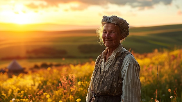 Um fazendeiro sorridente uma mulher idosa com um chapéu senta-se em um prado e pastoreia vacas