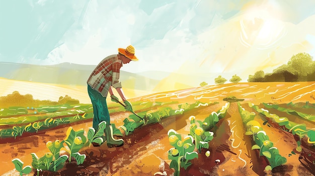Um fazendeiro trabalha em um campo de colheitas verdes ele está usando um chapéu e macacão o sol está brilhando brilhantemente o fazendeiro está usando uma faca para trabalhar o solo