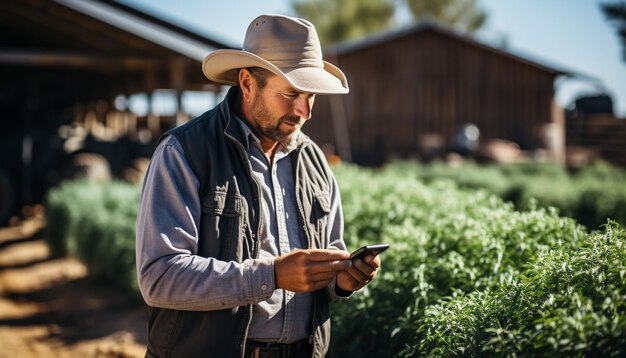 Foto um fazendeiro trabalhando ao ar livre segurando um telefone celular sorrindo gerado pela ia