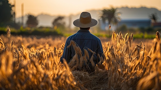 um fazendeiro trabalhando em um campo de arroz